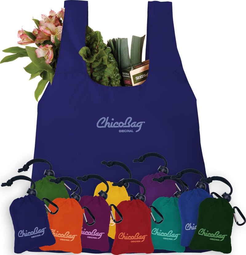 ChicoBag Original Compact Reusable Grocery Bag w/Attached Pouch and Carabiner Clip | Perfect for Shopping, Travel, Organization | Eco-Conscious Packable Tote | Mazarine Blue (Pack of 4) - Image 4